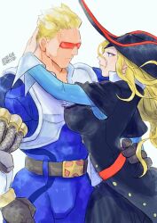 Rule 34 | 1boy, 1girl, arm around neck, arm around waist, blonde hair, blue eyes, breasts, capcom, captain commando, captain commando (character), flirting, from side, gloves, half-closed eyes, hat, highres, hug, large breasts, legs, looking at another, marvel vs. capcom, marvel vs. capcom 2, muscular, muscular male, pirate, pirate hat, pointy hair, ruby heart, short hair, sideboob, thighs, traditional media, uniform