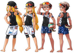 2boys backwards_hat ball barefoot baseball_cap black_hair blonde_hair blue_eyes camouflage camouflage_shorts child demon_boy elf eyewear_on_headwear from_behind grin hat highres holding holding_ball kaminosaki light_brown_hair long_hair low-tied_long_hair male_focus monster_boy multicolored_hair multiple_boys multiple_views original pointy_ears print_shorts shorts sidelocks smile sportswear standing tachi-e tail tank_top two-tone_hair volleyball_(object) volleyball_uniform