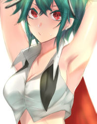 Rule 34 | 1girl, :/, adapted costume, alternate eye color, armpits, arms up, bare arms, bifrst, breasts, cape, cleavage, closed mouth, crop top, green hair, highres, large breasts, looking at viewer, aged up, red eyes, shirt, short hair, sideboob, sketch, sleeveless, sleeveless shirt, solo, sweat, touhou, upper body, white background, white shirt, wriggle nightbug