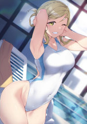 Rule 34 | 1girl, absurdres, armpits, blonde hair, braid, breasts, competition swimsuit, covered navel, crown braid, green eyes, hair rings, highleg, highleg swimsuit, highres, looking at viewer, love live!, love live! sunshine!!, medium breasts, ohara mari, one-piece swimsuit, pool, poolside, shiny skin, short hair, solo, swimsuit, water, wet, white one-piece swimsuit, yamaori (yamaorimon), yellow eyes