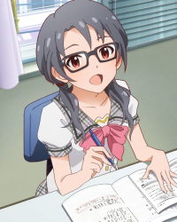 Rule 34 | 10s, 1girl, :d, artist request, blue hair, bow, glasses, heart, homework, idolmaster, idolmaster million live!, long hair, looking at viewer, official art, open mouth, pencil, red eyes, school uniform, smile, takayama sayoko, twintails