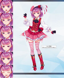 Rule 34 | 1girl, alternate costume, ascot, beret, blush, boots, closed mouth, detached sleeves, expressions, fate/grand order, fate (series), feathers, flower, frilled skirt, frills, full body, gloves, hat, helena blavatsky (fate), helena blavatsky (lostroom outfit) (fate), highres, knee boots, looking at viewer, matsuryuu, multiple views, official alternate costume, official art, open mouth, purple eyes, purple hair, ribbon, rose, short hair, simple background, skirt, smile, striped clothes, striped thighhighs, thighhighs, zettai ryouiki