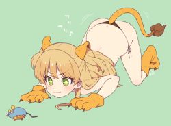 Rule 34 | + +, 1girl, :3, all fours, animal ears, animal hands, ass, black panties, blonde hair, blush, closed mouth, commentary request, fake animal ears, gloves, green eyes, idolmaster, idolmaster cinderella girls, jougasaki rika, lion ears, lion girl, lion paws, lion tail, long hair, moyori, panties, paw gloves, paw shoes, shoes, side-tie panties, smile, solo, sparkling eyes, stuffed animal, stuffed mouse, stuffed toy, symbol-shaped pupils, tail, top-down bottom-up, two side up, underwear, v-shaped eyebrows