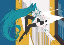 Rule 34 | 1girl, aqua hair, aqua necktie, arm support, balcony, bare shoulders, between fingers, black skirt, black thighhighs, blue background, cigarette, cigarette pack, closed eyes, closed mouth, collared shirt, commentary request, eiku, facing down, flat color, floating hair, from side, full body, glass door, grey shirt, hair ornament, hatsune miku, highres, holding, holding cigarette, knee up, ledge, long hair, necktie, no detached sleeves, no shoes, on railing, outdoors, outstretched leg, pleated skirt, railing, shirt, signature, sitting, skirt, sleeveless, sleeveless shirt, smoke trail, solo, thighhighs, twintails, very long hair, vocaloid