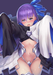 Rule 34 | 10s, 1girl, armor, armored boots, black background, blue eyes, blue ribbon, blush, boots, crotch plate, fate/extra, fate/extra ccc, fate (series), groin, hair ribbon, long hair, looking away, meltryllis (fate), meltryllis (second ascension) (fate), navel, oukawa yuu, purple hair, reaching, reaching towards viewer, revealing clothes, ribbon, shiny skin, solo, sweat, thighs, very long hair