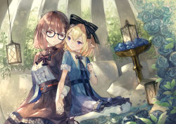 Rule 34 | 2girls, black bow, black footwear, black ribbon, blonde hair, blue dress, blue flower, blue rose, blush, bow, brown cape, brown eyes, brown hair, brown skirt, cape, center frills, commentary request, dress, eye contact, flower, frills, hair between eyes, hair bow, highres, holding hands, interlocked fingers, kobuta, lantern, looking at another, mary janes, multiple girls, original, pantyhose, pointy ears, purple eyes, ribbon, rose, shirt, shoes, short sleeves, sitting, skirt, striped, striped bow, wariza, white legwear, white shirt, yuri