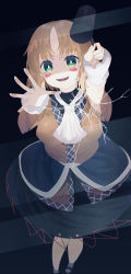 Rule 34 | 1girl, arms up, black background, black footwear, black shirt, blonde hair, blue skirt, blush, breasts, glass, green eyes, grey socks, hands up, highres, ikasoba, jacket, long sleeves, looking at viewer, mallet, medium breasts, mizuhashi parsee, no headwear, open mouth, scarf, shirt, shoes, short hair, simple background, skirt, smile, socks, solo, standing, subterranean animism, touhou, white neckwear, white scarf, yellow jacket, yellow sleeves