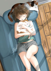 Rule 34 | 1girl, animal, animal hug, bare shoulders, blush, brown hair, camisole, cat, closed eyes, couch, day, from above, green camisole, grey shorts, highres, holding, holding animal, holding cat, indoors, loungewear, lying, midriff peek, on couch, open mouth, original, shirt, short hair, short shorts, shorts, signature, sleeping, solo, soragane (banisinngurei), window, wooden floor