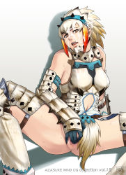 Rule 34 | 1girl, armor, azasuke, bare shoulders, barioth (armor), breasts, brown eyes, capcom, censored, cum, cum on hair, facial, female masturbation, fingering, highres, looking at viewer, masturbation, monster hunter, monster hunter (series), monster hunter 3, multicolored hair, open mouth, pussy, short hair, sitting, solo, spread legs, sweat