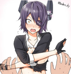 Rule 34 | 10s, 1girl, bad id, bad pixiv id, black gloves, black hair, blush, breasts, covering privates, covering chest, dress shirt, eyepatch, fang, gloves, hair ornament, kanden sky, kantai collection, open mouth, shirt, short hair, simple background, solo focus, tenryuu (kancolle), torn clothes, upper body, white background, yellow eyes