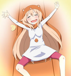 Rule 34 | 10s, 1girl, :d, breasts, cape, chips (food), doma umaru, drooling, food, gradient background, hamster, himouto! umaru-chan, hood, long hair, lying, on back, open mouth, potato chips, saliva, shorts, small breasts, smile, solo, wavy mouth, yoshida keiji