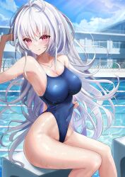Rule 34 | 1girl, absurdres, armpits, blue one-piece swimsuit, blue sky, breasts, building, cleavage, cloud, competition school swimsuit, covered navel, day, fate/grand order, fate (series), feet out of frame, highleg, highleg swimsuit, highres, lady avalon (fate), large breasts, lens flare, long hair, merlin (fate/prototype), one-piece swimsuit, outdoors, pool, presenting armpit, red eyes, school swimsuit, sitting, sky, solo, starting block, swimsuit, waity awa, white hair