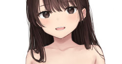 Rule 34 | 1girl, akipeko, bare shoulders, brown eyes, brown hair, looking at viewer, open mouth, out-of-frame censoring, smile, solo