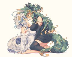 Rule 34 | 2girls, ahoge, animal ears, bare shoulders, barefoot, beige background, black bow, black legwear, black sweater, bow, breasts, commentary request, eye contact, food, full body, green eyes, green hair, hair bow, highres, kuromiya, kuromiya raika, large breasts, long hair, looking at another, mouth hold, multiple girls, original, pocky, pocky day, pocky kiss, ribbed sweater, shared food, shiromiya asuka, short hair, simple background, sweater, tail, thighhighs, thighs, white hair, white sweater, yuri