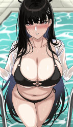 Rule 34 | 1girl, bikini, black bikini, black hair, blue archive, blurry, blurry background, blush, breasts, cleavage, collarbone, commentary request, halo, hella p, highres, korean commentary, large breasts, long sleeves, navel, parted lips, pool, red eyes, rio (blue archive), shirt, solo, swimsuit, water, wet, white shirt