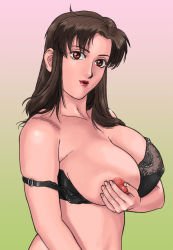 Rule 34 | 00s, 1girl, black bra, bra, breasts, breasts out, brown hair, grabbing, grabbing another&#039;s breast, gradient background, gundam, gundam seed, gundam seed destiny, karma-laboratory, large breasts, lipstick, long hair, looking at viewer, makeup, murrue ramius, nipples, nude, one breast out, red eyes, red lips, sideburns, simple background, skindentation, solo, underwear
