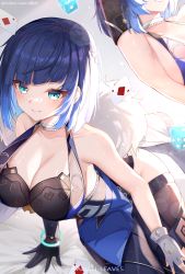 Rule 34 | 1girl, absurdres, aqua eyes, armpits, bare shoulders, blue dress, blue hair, blush, breasts, cleavage, collarbone, dress, fallen-leaves, genshin impact, highres, jewelry, large breasts, looking at viewer, mole, mole on breast, parted lips, short hair, smile, solo, yelan (genshin impact)