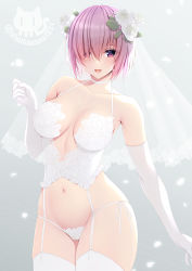 Rule 34 | 1girl, alternate costume, asami asami, bare shoulders, blush, breasts, bridal veil, choker, cleavage, collarbone, elbow gloves, fate/grand order, fate (series), flower, gloves, hair flower, hair ornament, hair over one eye, highres, large breasts, light purple hair, looking at viewer, mash kyrielight, navel, open mouth, purple eyes, short hair, smile, solo, thighhighs, thighs, veil, white gloves, white thighhighs