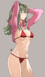 Rule 34 | 1girl, absurdres, alternate costume, arms up, bikini, breasts, cleavage, closed mouth, commentary, cropped jacket, english commentary, fire emblem, fire emblem awakening, green eyes, green hair, grey background, hair between eyes, hair ornament, highres, hood, hood down, hooded jacket, jacket, long hair, looking at viewer, medium breasts, navel, nintendo, pink jacket, ponytail, red bikini, sakuremi, shrug (clothing), signature, simple background, smile, solo, stomach, swimsuit, tiara, tiki (adult) (fire emblem), tiki (fire emblem)