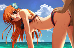 Rule 34 | 1girl, all fours, bikini, blush, breasts, brown eyes, brown hair, censored, dead or alive, doggystyle, flower, hair ornament, kasumi (doa), nipples, ocean, outdoors, pussy juice, sex, sex from behind, sky, sweat, swimsuit, tecmo, vaginal, water