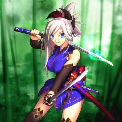 Rule 34 | 1girl, bamboo, bamboo forest, blue eyes, blue kimono, brown thighhighs, cowboy shot, day, detached sleeves, dual wielding, fate/grand order, fate (series), forest, grin, hair ornament, holding, holding sword, holding weapon, japanese clothes, kimono, kimono skirt, long hair, looking at viewer, miyamoto musashi (fate), miyamoto musashi (first ascension) (fate), nature, outdoors, ponytail, sheath, shori39639, silver hair, sleeveless, sleeveless kimono, smile, solo, standing, sword, thighhighs, weapon