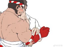 Rule 34 | 2boys, back, bara, blush, chinese commentary, collared shirt, couple, covered face, facial hair, flustered, goatee, hachimaki, hand on another&#039;s arm, hand on another&#039;s shoulder, headband, highres, kiss, kissing cheek, long sideburns, male focus, protagonist 3 (housamo), mature male, me-me (mouact2), midriff sarashi, multiple boys, muscular, muscular male, nejiri hachimaki, pectorals, sarashi, shirt, short hair, sideburns, solo focus, stubble, surprise kiss, surprised, tajikarao (housamo), thick eyebrows, tokyo houkago summoners, trembling, tusks, upper body, white background, yaoi