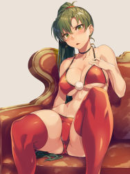 Rule 34 | 1girl, ass, bikini, blush, breasts, choker, christmas, cleavage, collarbone, couch, covered erect nipples, earrings, feet out of frame, fire emblem, fire emblem: the blazing blade, green eyes, green hair, hair between eyes, hand on own chest, high ponytail, highres, jewelry, large breasts, long hair, looking at viewer, lyn (fire emblem), navel, nintendo, on couch, open mouth, ponytail, red bikini, red thighhighs, sajittari, sitting, solo, swimsuit, thighhighs, thighs, triangle mouth, v-shaped eyebrows, very long hair