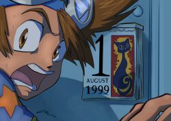 Rule 34 | 1999, 1boy, august, brown eyes, brown hair, calendar (object), carloromeroart, child, commentary, derivative work, digimon, digimon adventure, door, english commentary, english text, goggles, goggles on head, highres, looking back, male focus, nervous sweating, open mouth, screenshot redraw, signature, sweat, yagami taichi