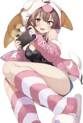 Rule 34 | 1girl, :d, absurdres, animal hood, black choker, black shirt, blue shorts, blush, breasts, brown hair, choker, commentary request, croissant, feet out of frame, food, hair between eyes, handheld game console, hands up, highres, holding, holding handheld game console, hololive, hood, inugami korone, inugami korone (loungewear), jacket, kneehighs, long hair, long sleeves, medium breasts, nail polish, nintendo switch, off shoulder, official alternate costume, open clothes, open jacket, open mouth, pink jacket, pink nails, print shirt, red eyes, shin no tenpii, shirt, short shorts, shorts, simple background, sleeveless, sleeveless shirt, slippers, smile, socks, solo, striped clothes, striped socks, tail, virtual youtuber, white background, white footwear