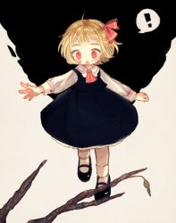Rule 34 | !, 1girl, black footwear, black skirt, black vest, blonde hair, blush, branch, darkness, full body, hair ribbon, long sleeves, mary janes, open mouth, outstretched arms, red eyes, red neckwear, red ribbon, ribbon, rumia, shirt, shoes, short hair, skirt, socks, solo, spoken exclamation mark, touhou, vest, white background, white shirt, white socks, yujup