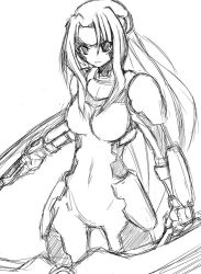 00s 1girl bodysuit dual_wielding facial_mark female_focus greyscale holding lyrical_nanoha mahou_shoujo_lyrical_nanoha mahou_shoujo_lyrical_nanoha_strikers monochrome numbers_(nanoha) sette_(nanoha) sketch solo