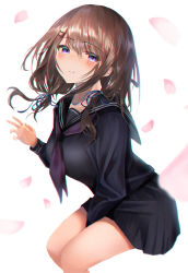 Rule 34 | 1girl, bad id, bad pixiv id, black serafuku, black skirt, blush, breasts, brown hair, hair ornament, hairclip, highres, large breasts, leaning forward, looking at viewer, medium hair, open hand, original, parted lips, petals, school uniform, serafuku, short twintails, sitting, skirt, solo, twintails, white background, yk (pixiv43531291)