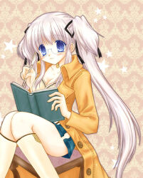 Rule 34 | 1girl, 2000s (style), archived source, black ribbon, blue eyes, blue shorts, blush, book, breasts, buttons, cleavage, closed mouth, coat, collarbone, glasses, grey hair, hair ribbon, holding, holding book, holding pen, jewelry, kneehighs, long hair, long sleeves, mabinogi, medium breasts, nao (mabinogi), neck ring, official alternate costume, open book, open clothes, open coat, orange coat, pen, ribbon, round eyewear, shararan, shorts, sidelocks, sitting, smile, socks, solo, star (symbol), twintails, unbuttoned, very long hair, white socks