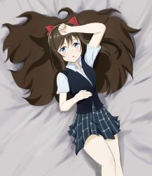 Rule 34 | 1girl, aqua eyes, aqua shirt, artist name, artist request, bare legs, bed, black skirt, black vest, blue eyes, blue skirt, blush, bow, breasts, brown hair, buttons, checkered clothes, checkered skirt, collared shirt, female focus, hair between eyes, hair bow, hand on own stomach, highres, knee up, long hair, looking at viewer, looking back, love live!, love live! nijigasaki high school idol club, miniskirt, nijigasaki academy school uniform, on bed, osaka shizuku, parted lips, plaid, plaid skirt, pleated, pleated skirt, ponytail, red bow, ribbon, school uniform, shirt, short sleeves, skirt, small breasts, smile, solo, sweater vest, vest, white shirt, yellow buttons, yellow neckwear