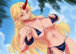 Rule 34 | 1girl, abs, areola slip, ario, bare shoulders, bikini, bikini pull, black bikini, blonde hair, breasts, clothes pull, cuffs, dutch angle, female focus, grin, horns, hoshiguma yuugi, large breasts, long hair, looking at viewer, navel, pulling own clothes, red eyes, shackles, single horn, smile, solo, swimsuit, touhou, very long hair, wet