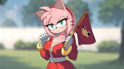 Rule 34 | 1girl, amy rose, blurry, blurry background, breasts, cleavage, depth of field, dress, drunkoak, flag, furry, furry female, gloves, grass, green eyes, highres, holding, holding flag, large breasts, looking at viewer, outdoors, red dress, solo, sonic (series), tree, ugandan knuckles, upper body, wall, white gloves