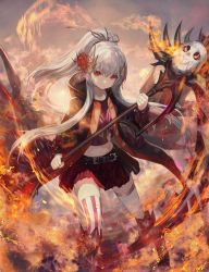 Rule 34 | 1girl, asymmetrical legwear, character request, closed mouth, fire, flower, hair flower, hair ornament, hair ribbon, highres, holding, holding weapon, long sleeves, looking at viewer, mismatched legwear, othellonia, pale skin, ponytail, red eyes, red skirt, ribbon, robe, scythe, shirataki jiro, shirt, sidelocks, silver hair, skirt, solo, spider lily, striped clothes, striped thighhighs, t-shirt, thighhighs, weapon