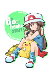 Rule 34 | 1girl, bag, black wristband, brown hair, can, creatures (company), full body, game freak, gen 1 pokemon, hair between eyes, hat, highres, holding, holding can, leaf (pokemon), long hair, loose socks, nintendo, pikachu, pokemon, pokemon (creature), pokemon frlg, rascal (feuille), redrawn, sitting, smile, socks, solo, white hat, wristband, yellow bag