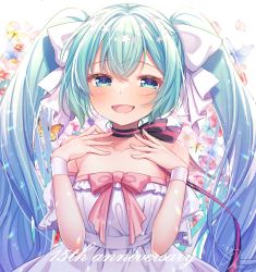 Rule 34 | 1girl, anniversary, aqua eyes, aqua hair, bare shoulders, black choker, blush, breasts, bug, butterfly, butterfly background, choker, cleavage, collarbone, commentary, dress, hair ribbon, hatsune miku, highres, insect, kisukekun, long hair, looking at viewer, medium breasts, mixed-language commentary, open mouth, ribbon, smile, solo, twintails, vocaloid, white dress, white ribbon