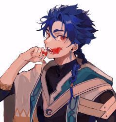 Rule 34 | 1boy, asymmetrical bangs, asymmetrical clothes, blood, blood on face, blue hair, braid, braided ponytail, capelet, crescent, cu chulainn (fate), earrings, fangs, fate/grand order, fate/grand order arcade, fate (series), high collar, highres, hood, hood down, hooded capelet, jewelry, long hair, looking to the side, male focus, open mouth, ponytail, red eyes, setanta (fate), simple background, slit pupils, solo, spiked hair, taratotati, white background, wiping face