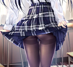 Rule 34 | 1girl, arms at sides, ass, bad id, bad twitter id, black hair, black pantyhose, chair, classroom, clothes lift, commentary request, curtains, day, desk, fine fabric emphasis, fingernails, from behind, indoors, kobayashi chisato, lifted by self, long hair, long sleeves, lower body, miniskirt, original, panties, panties under pantyhose, pantyhose, pantyshot, plaid, plaid skirt, school chair, school desk, shirt, skirt, skirt lift, solo, standing, thighband pantyhose, thighs, underwear, upskirt, white panties, white shirt, window, wooden floor