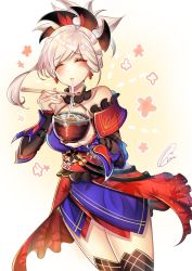 Rule 34 | 1girl, bare shoulders, blue kimono, blush, bowl, breasts, chiachun0621, chopsticks, cleavage, closed eyes, earrings, eating, fate/grand order, fate (series), food, hair ornament, highres, japanese clothes, jewelry, kimono, large breasts, long hair, miyamoto musashi (fate), miyamoto musashi (second ascension) (fate), noodles, obi, pink hair, ponytail, sash, signature, solo, swept bangs, thighhighs, udon