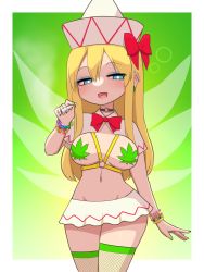Rule 34 | 1girl, :d, blonde hair, bloodshot eyes, blue eyes, blush, bow, bracelet, breasts, fairy wings, fishnet thighhighs, fishnets, gradient background, green background, half-closed eyes, hat, highres, jewelry, joint (drug), large breasts, lily white, long hair, looking at viewer, marijuana, cannabis print, navel, open mouth, red bow, simple background, smile, solo, thighhighs, touhou, wings, zakku (kya--193)