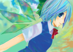 Rule 34 | 1girl, blue hair, cirno, female focus, gradient background, ribbon, shoot the bullet, solo, touhou, upper body, wings