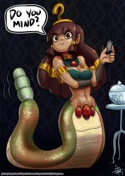 Rule 34 | 1girl, :t, annoyed, bandeau, breasts, brown hair, cleavage, crown, dark-skinned female, dark skin, detached collar, eating, english text, hair tubes, highres, hime cut, jerk douglas, jewelry, lamia, lamia princess (towergirls), long hair, monster girl, mouse (animal), navel, neck ring, pointy ears, rattlesnake, slit pupils, small breasts, solo, stomach, toned, towergirls