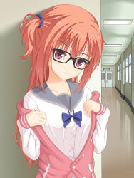 Rule 34 | 1girl, bespectacled, black-framed eyewear, blue bow, blue scrunchie, blush, bow, breasts, closed mouth, commentary request, day, eyelashes, eyes visible through hair, glasses, glasses day, grey sailor collar, hair between eyes, hair ornament, hair scrunchie, head tilt, highres, inaba meguru, indoors, jacket, long hair, looking at viewer, one side up, open clothes, open jacket, orange hair, pink jacket, red eyes, sailor collar, sanoba witch, school uniform, scrunchie, shirt, sleeves past wrists, small breasts, smile, solo, split mouth, tamba i, undressing, upper body, wavy hair, white shirt, white sleeves