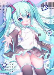 Rule 34 | 1girl, barcode, bare shoulders, black skirt, black sleeves, black thighhighs, blue eyes, blue hair, blue necktie, breasts, cameltoe, clothes lift, collared shirt, commentary request, cursor, detached sleeves, dress shirt, fang, fuxiyu, hair between eyes, hatsune miku, highres, hourglass, long hair, long sleeves, looking at viewer, necktie, open mouth, panties, pleated skirt, shirt, signature, skindentation, skirt, skirt lift, sleeveless, sleeveless shirt, sleeves past wrists, small breasts, solo, striped clothes, striped panties, thighhighs, tie clip, twintails, underwear, very long hair, vocaloid, white shirt, wide sleeves