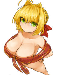 Rule 34 | ahoge, blonde hair, bow, braid, breasts, collarbone, covered navel, fate/extra, fate/grand order, fate (series), feet, green eyes, hair intakes, hands on own hips, highres, large breasts, naked ribbon, nero claudius (fate), nero claudius (fate) (all), nero claudius (fate/extra), red bow, red ribbon, ribbon, see-through, smile, steamingtofu, white background