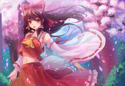Rule 34 | 1girl, :o, bad id, bad pixiv id, bow, brown eyes, brown hair, catsmoon, cherry blossoms, detached sleeves, frills, hair bow, hair tubes, hakurei reimu, highres, japanese clothes, long hair, long skirt, midriff, miko, navel, open mouth, petals, skirt, solo, touhou, wide sleeves, wind