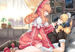 Rule 34 | 2girls, alternate costume, arm support, black legwear, blonde hair, blush, enmaided, finger to another&#039;s mouth, high heels, highres, licking lips, maid, maid headdress, multiple girls, picture frame, plant, potted plant, renown (warship girls r), shardine, straddling, thighhighs, tongue, tongue out, warship girls r, warspite (warship girls r), yellow eyes, yuri
